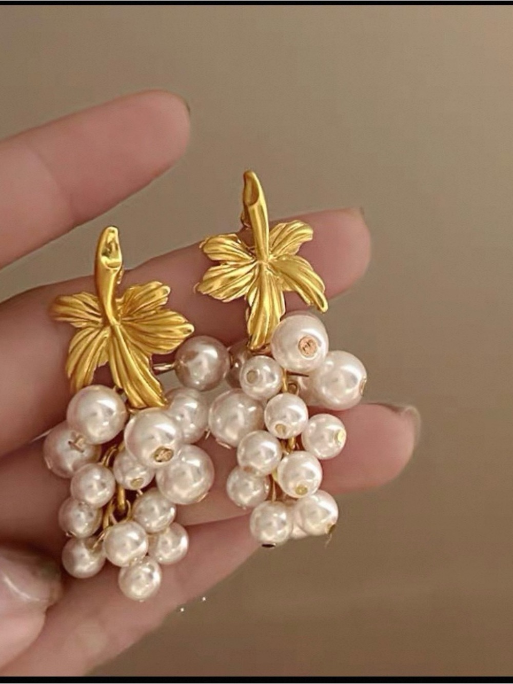 Gold Floral Drop Earrings with Ivory Pearl Clusters